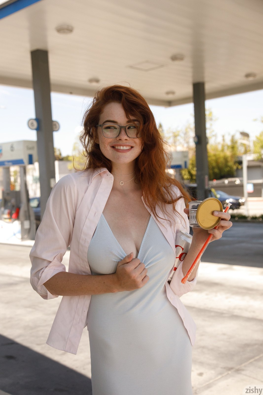 Fabulous redhead beauty flashes her amazing tits in public teasing us with her smile  in Zishy set Pressure Makes Diamonds