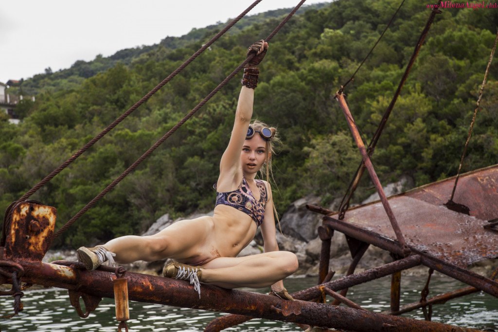 Slim but tempting pirate is on the wrecked ship showing off her natural body  in Milena Angel set Gear