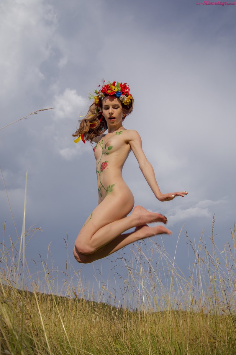 All natural and smoking hot Amy poses naked in nature with her body painted  in Milena Angel set Love Symbol