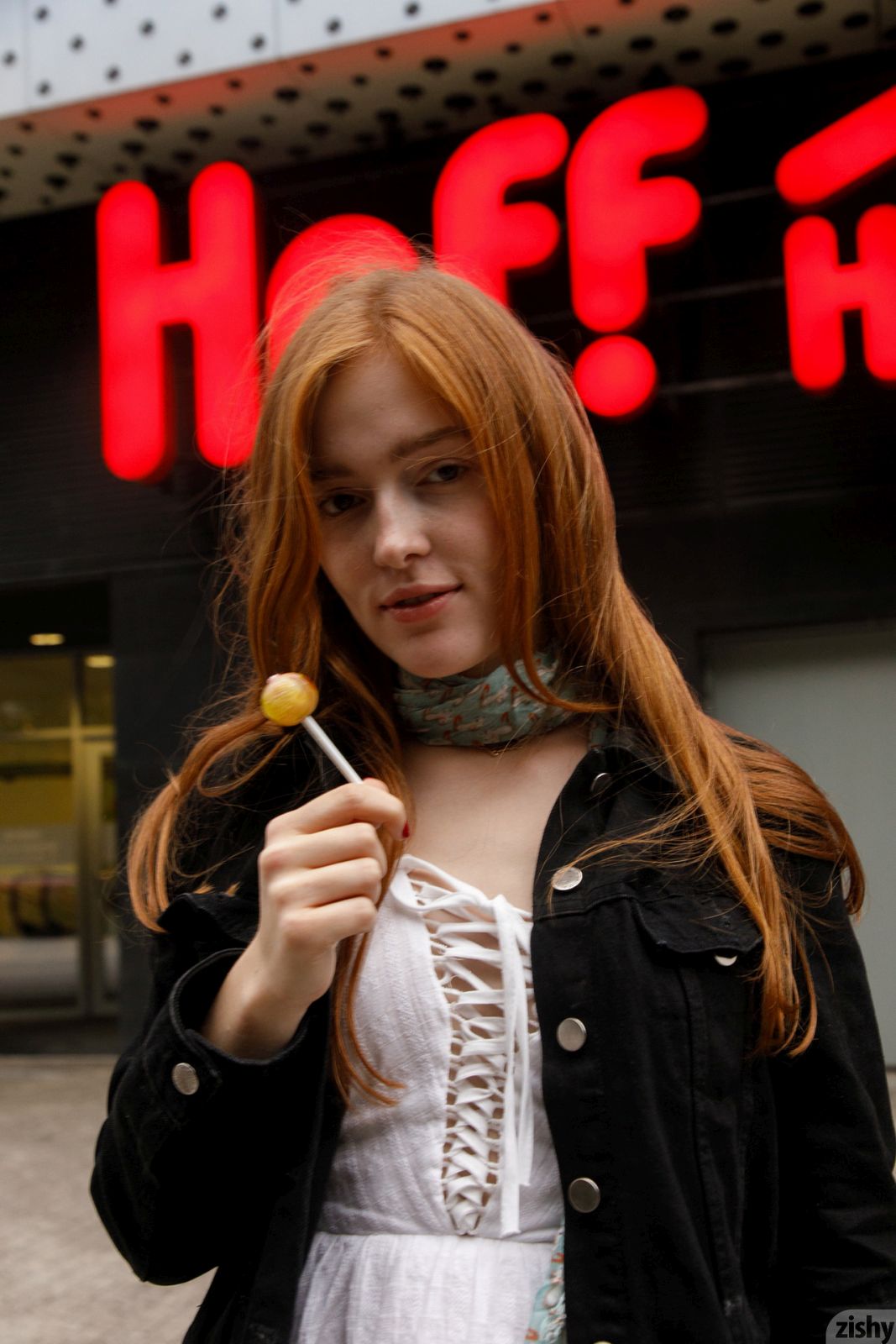 Pretty and playful redhead reveals her hot ass and small tits outdoor in public  in Zishy set The Russian Cinnabon