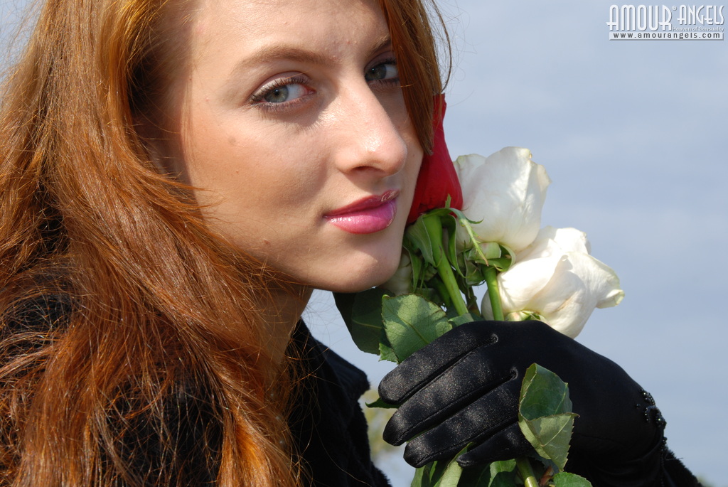 Girl in black coat and sexy high heel Kristina poses on the bench now  in Amour Angels set Nudist