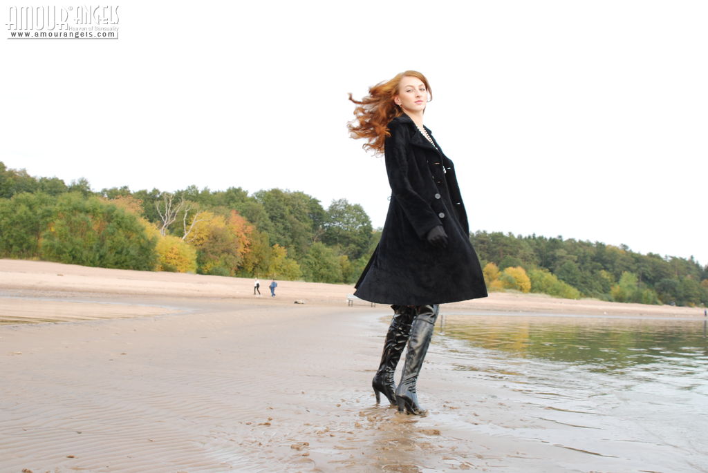 Girl in black coat and sexy high heel Kristina poses on the bench now  in Amour Angels set Nudist