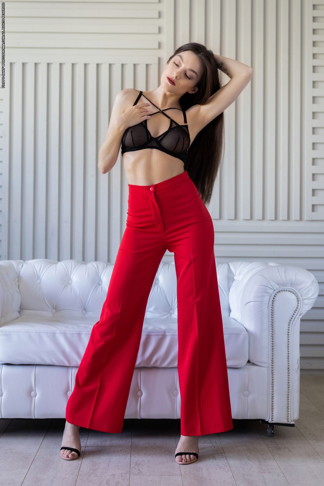 Top class brunette model Paris takes her red pants and back top off to expose her tempting body  in Photodromm set Burns 2