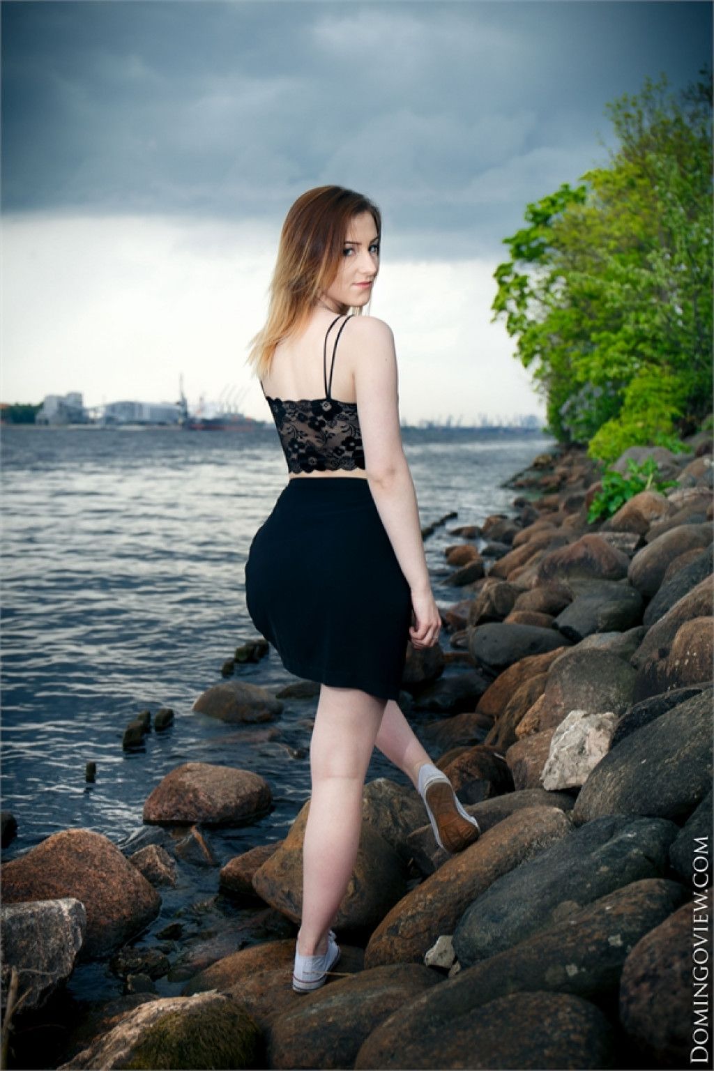 Pale ginger vixen spreading her legs and baring meaty muff by the river  in Domingo View set Sabrina