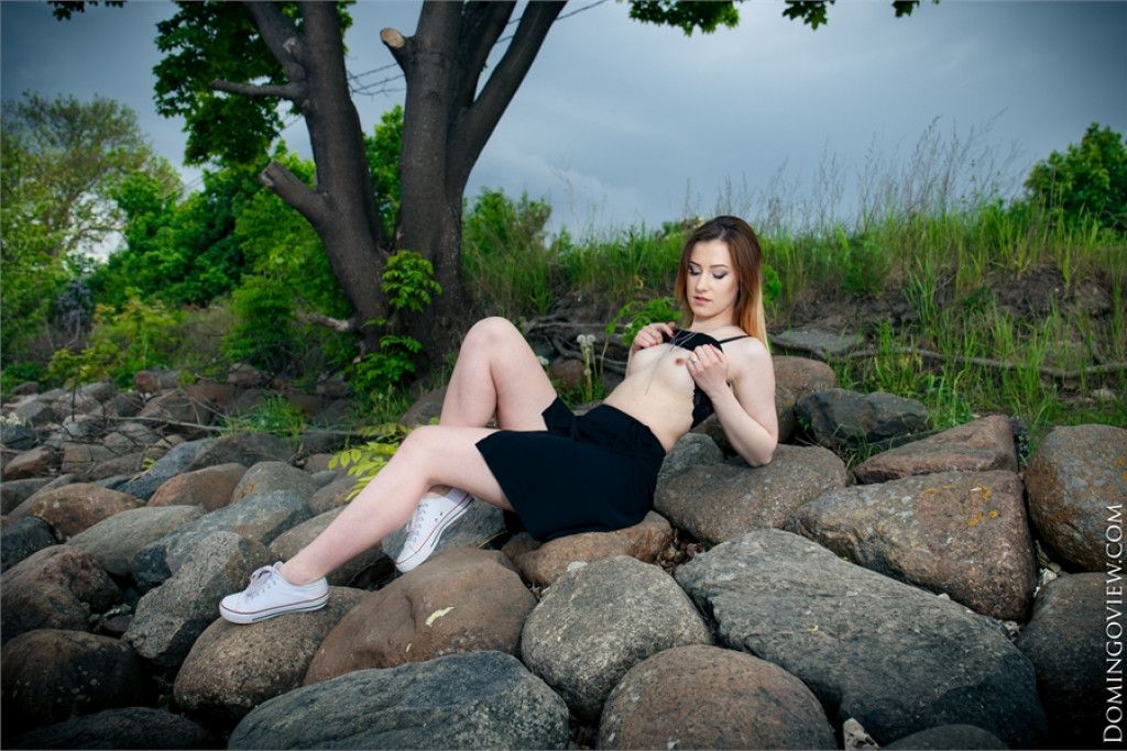 Pale ginger vixen spreading her legs and baring meaty muff by the river  in Domingo View set Sabrina