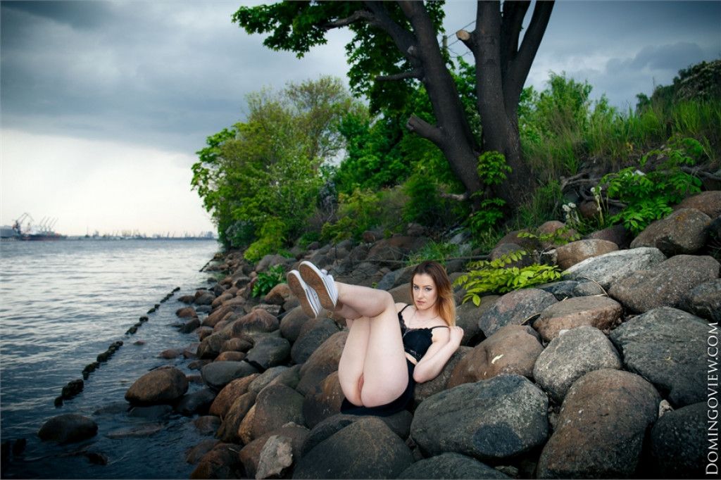 Pale ginger vixen spreading her legs and baring meaty muff by the river  in Domingo View set Sabrina