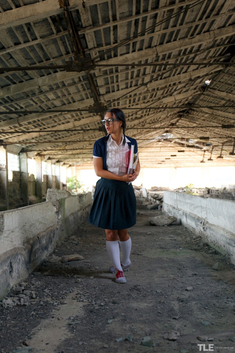 Cute schoolgirl with glasses Lola Ash masturbating in the abandoned building  in The Life Erotic set The Road To Home 1