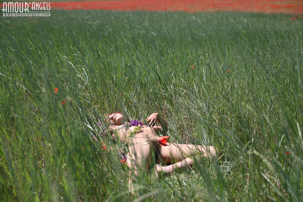 Sunny weather and green field is the most pleasant place for Anastasia to get naked  in Amour Angels set Tenderness