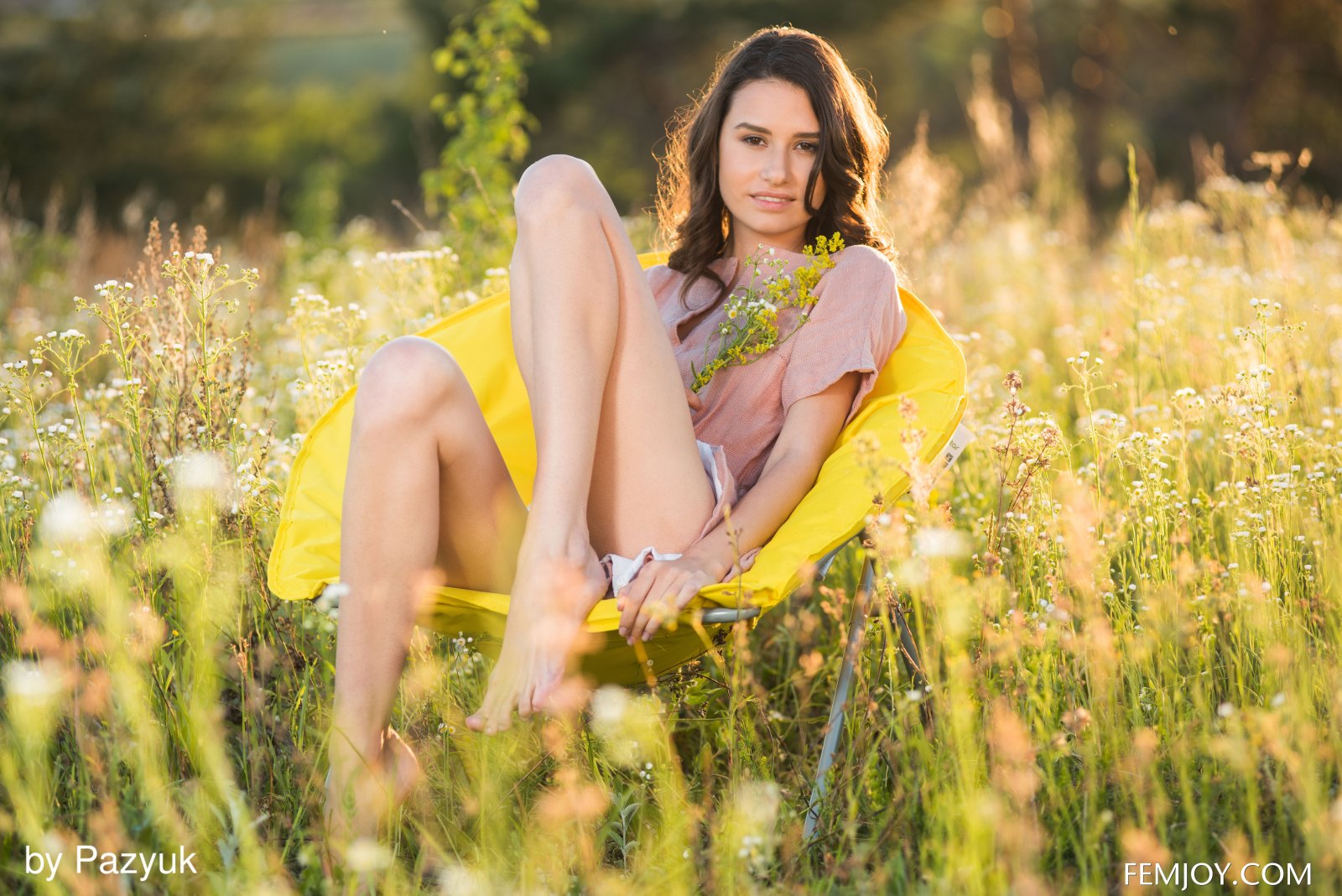 Sweet and charming babe Cristin M shows her assets outdoors in a meadow  in Femjoy set Summer Memories