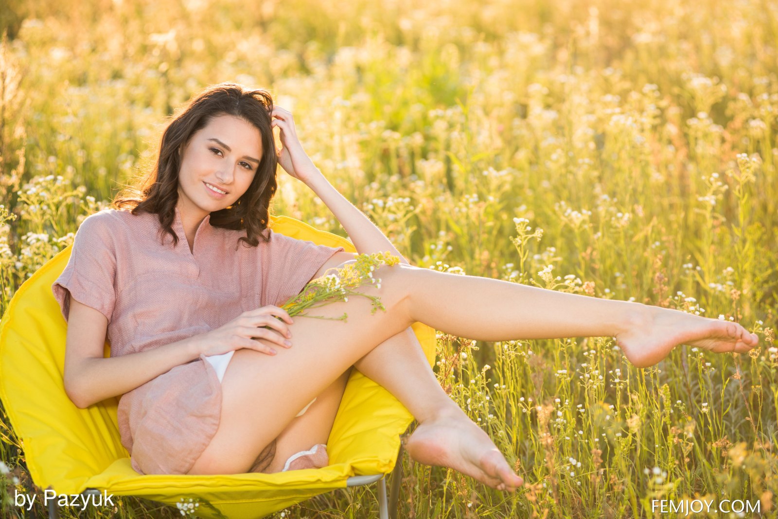 Sweet and charming babe Cristin M shows her assets outdoors in a meadow  in Femjoy set Summer Memories