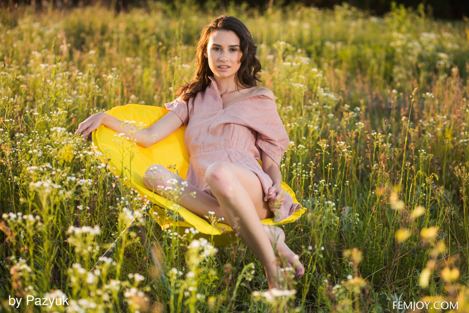 Sweet and charming babe Cristin M shows her assets outdoors in a meadow  in Femjoy set Summer Memories