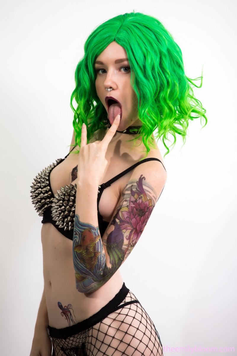 Weird young girl with green hair and body covered in tattoos poses naked for you  in The Emily Bloom set Punk