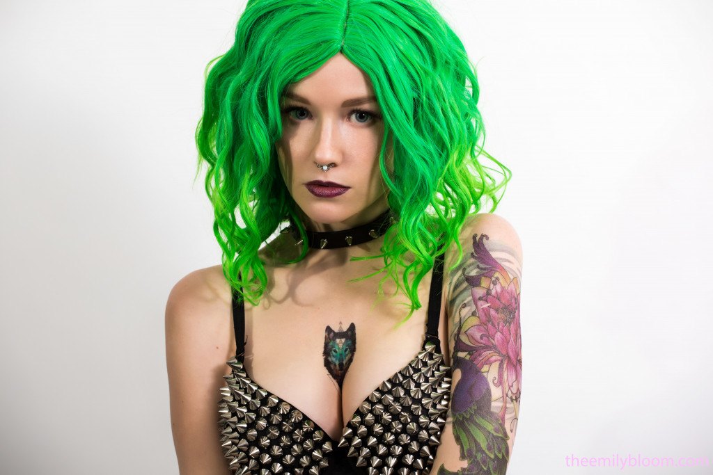 Weird young girl with green hair and body covered in tattoos poses naked for you  in The Emily Bloom set Punk