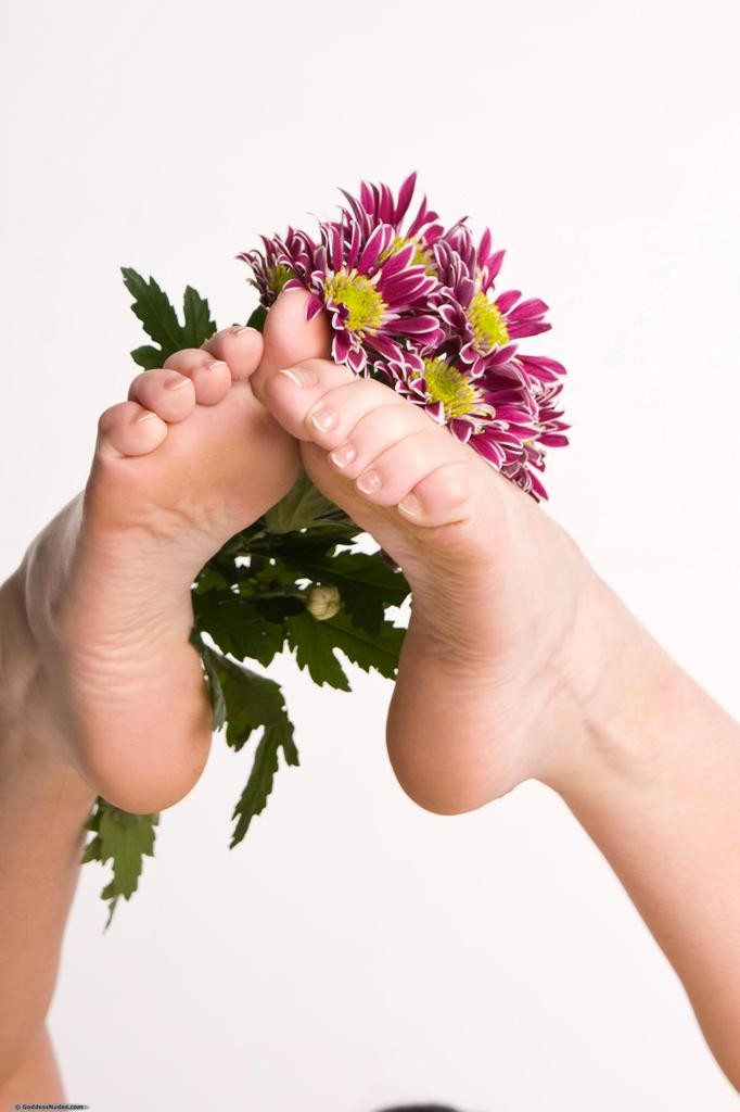 Fresh Darry poses nude with purple daisies between her slender feet