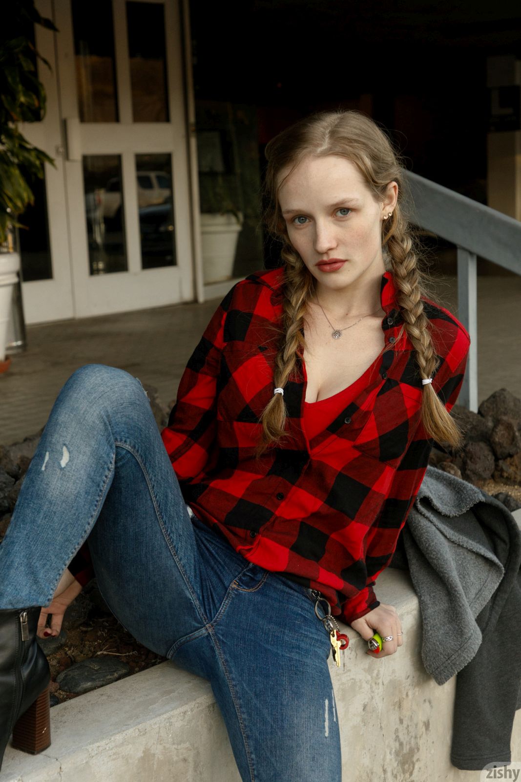 Giana Van Patten a girl with ponytails unzips her plaid shirt to show you her sweet tits  in Zishy set Cheezin It