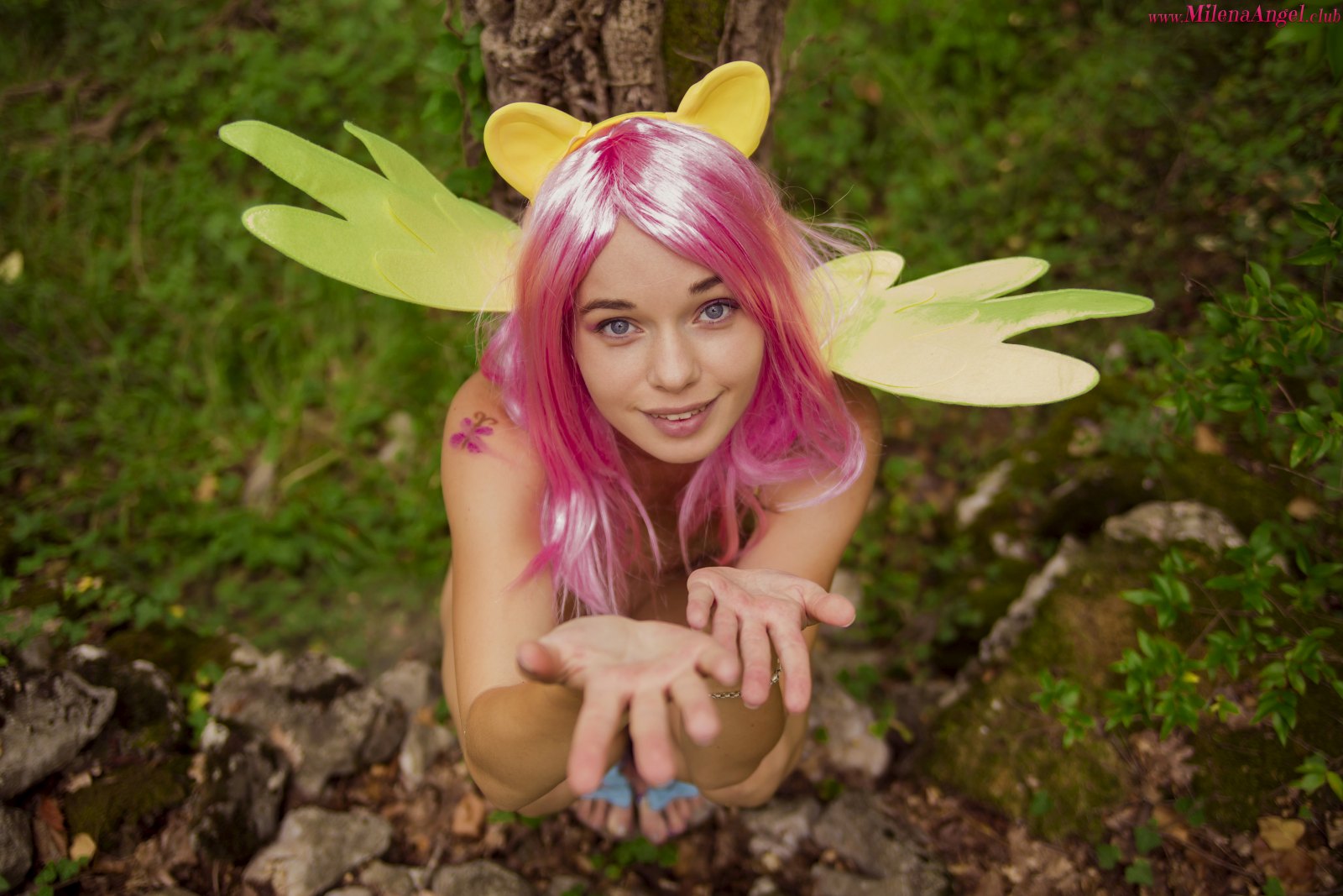 Sweet and petite babe playfully poses in the forest showing off her luscious body  in Milena Angel set Little Pony