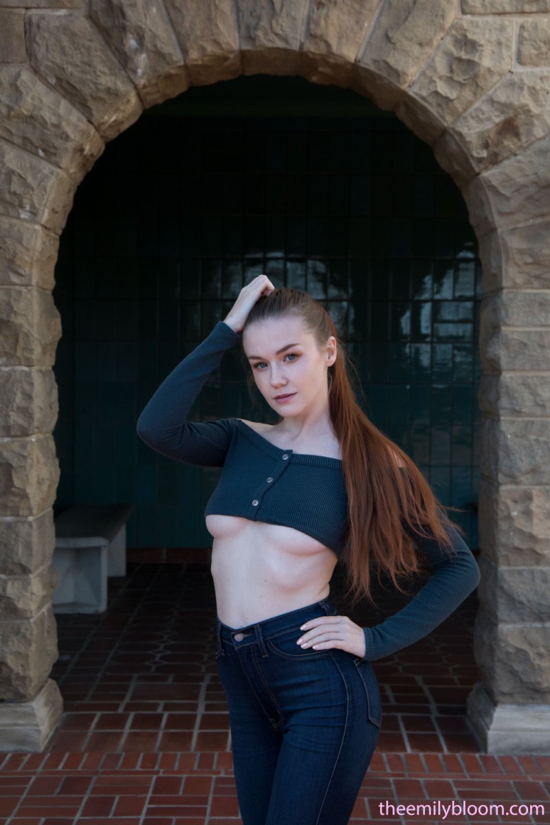 Smoking hot Emily Bloom takes off her tight pants outdoor showing off her sweet ass  in The Emily Bloom set Mansion Flashing