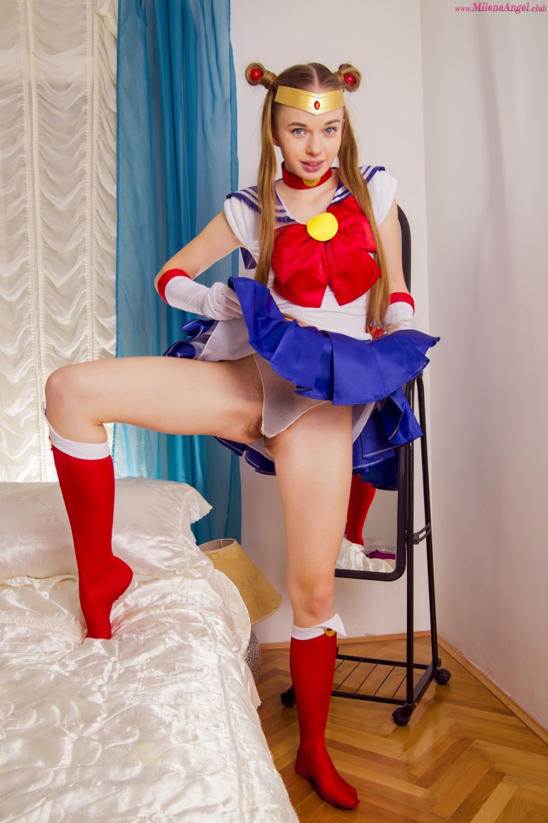 Adorable cosplay babe stripping and showing her slim body in her bedroom  in Milena Angel set Sailor Moon