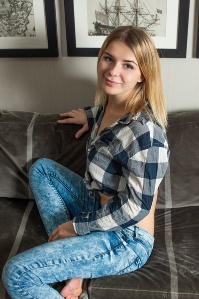 Sweet but foxy blonde takes off her wide shirt and jeans to show us her perfect body  in Metart set Decoration