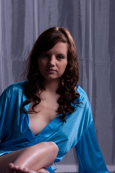 Beautiful brunette takes off her silk blue gown exposing her magnificent body  in Stunning 18 set Modern Bedroom