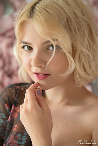 Short haired blonde Cali looks like modern Marilyn Monroe and she is posing so seductive  in MPL Studios set The Flower Patch