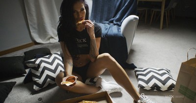 Tempting broad in scarce clothes Bianca smoking eating and drinking  in NudeX set Its pizza time