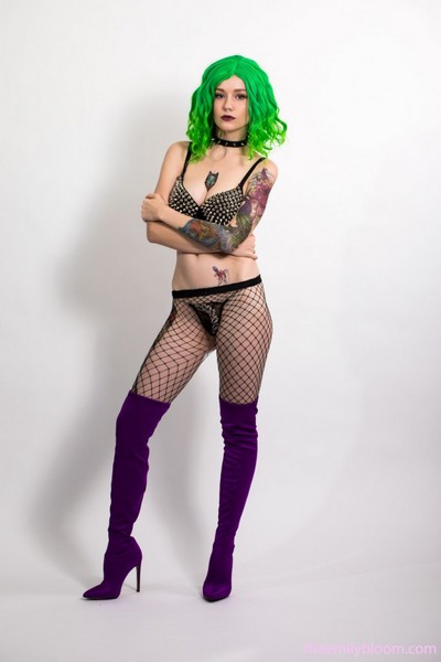 Weird young girl with green hair and body covered in tattoos poses naked for you  in The Emily Bloom set Punk